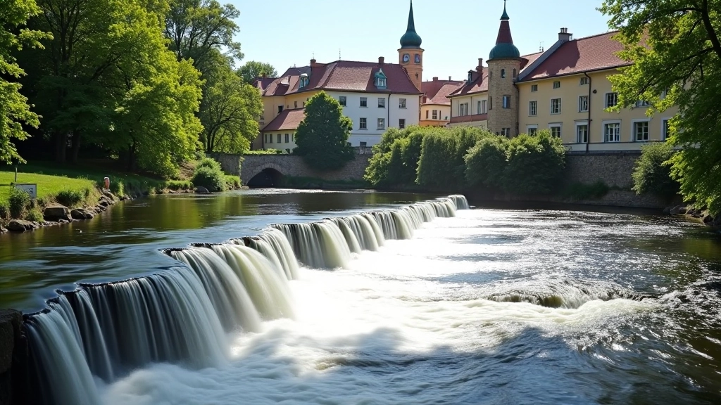 Kuldīga: Ventas Rapid ūdenskritums ar vēsturiskām ēkām