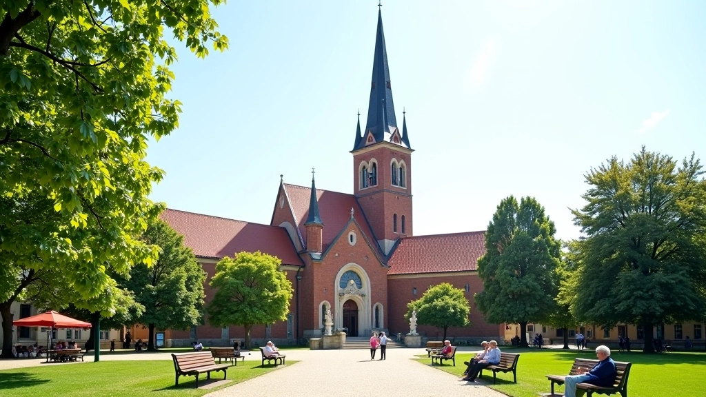 Doma baznīca Vecā Rīgā ar garu stāvu, dārzā sēdošie cilvēki
