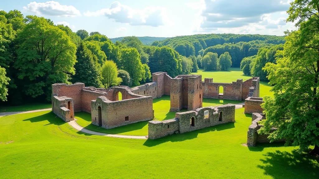 Sigulda pils drupas ar zaļiem laukiem fona